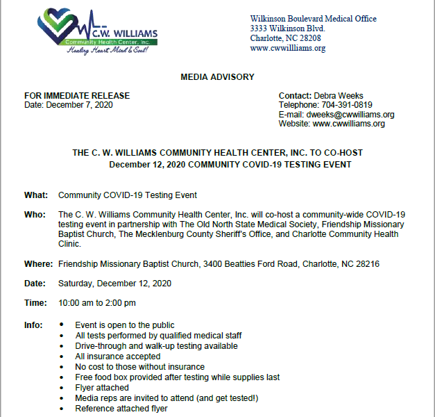 CW Williams Community Health Center December 12, 2020 COVID-19 Testing Press Release